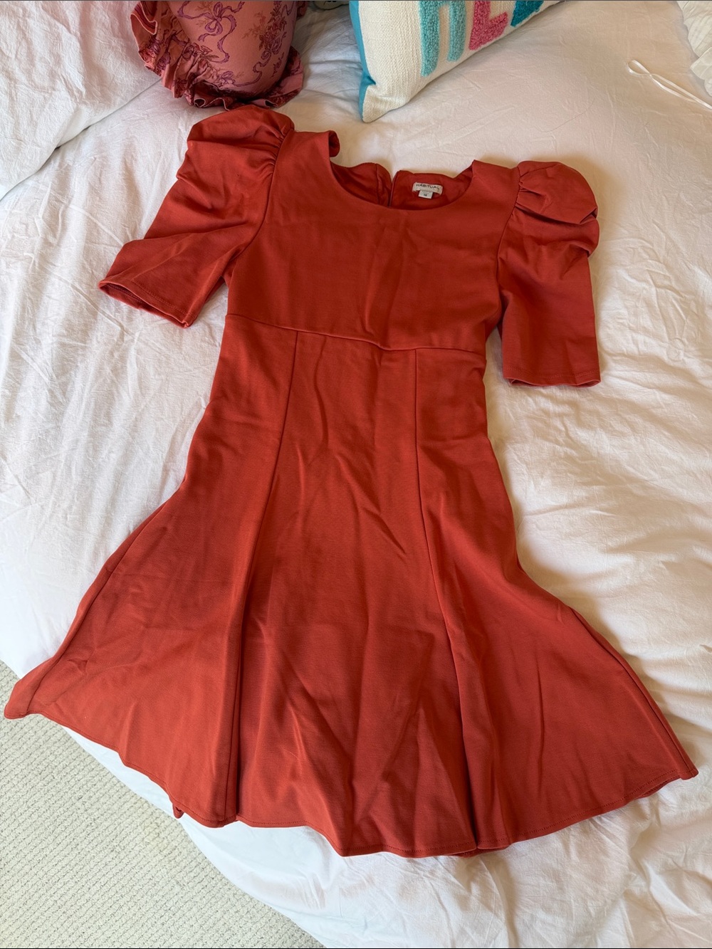 Habitual Rust Red Puff-Sleeve Fit & Flare Dress